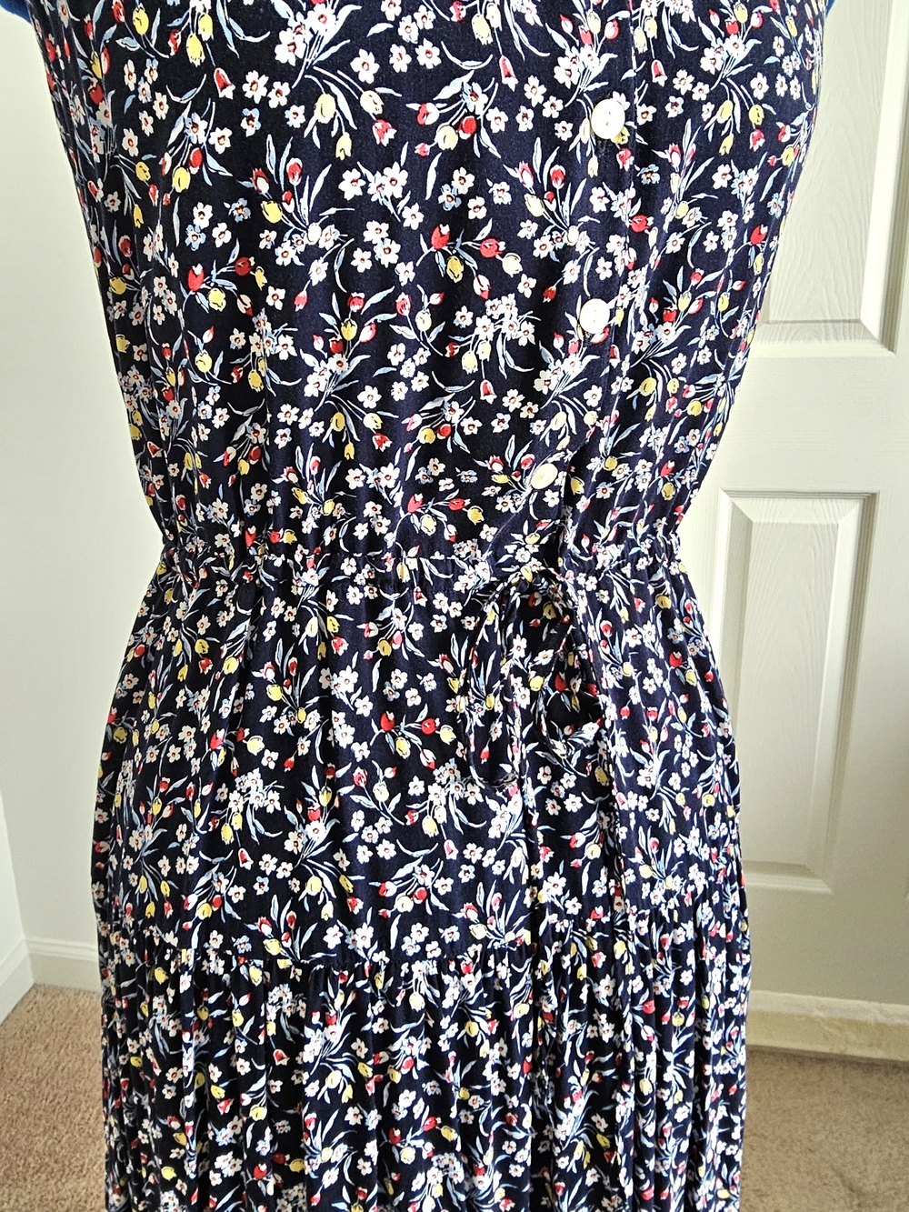 CHAPS M Navy Floral Sleeveless Button Front Tiered Maxi Dress Tie Waist - Picture 6 of 15